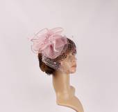   Head band crin  fascinator w feathers and net blush STYLE: HS/4675 /BLUSH